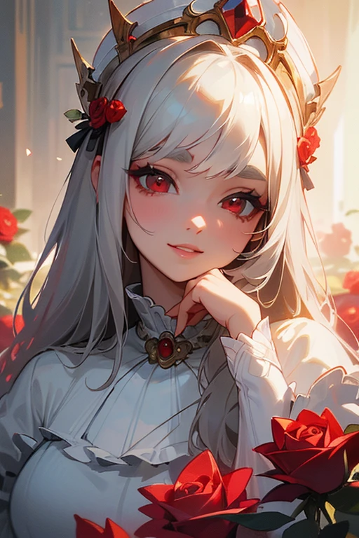 (highest quality, masterpiece:1.2), High resolution, 最高masterpiece、Very detailed, Realistic:1.37, Fantasy, An illustration,Gray Hair、 Red eyes、Queen, White Dress、beautifully、Eyeshadow Red、Thick eyebrows、Long eyelashes、pupils are black、shiny on the lips、Top Sites、Queen、Princess、A kind smile、Show your teeth a little and smile、Soft impression、people々々々々々々Loved by、Slimming the face、Kissing Face、Long white hair、Shaggy Bangs、Save face image、Long straight line、Many roses in the background、