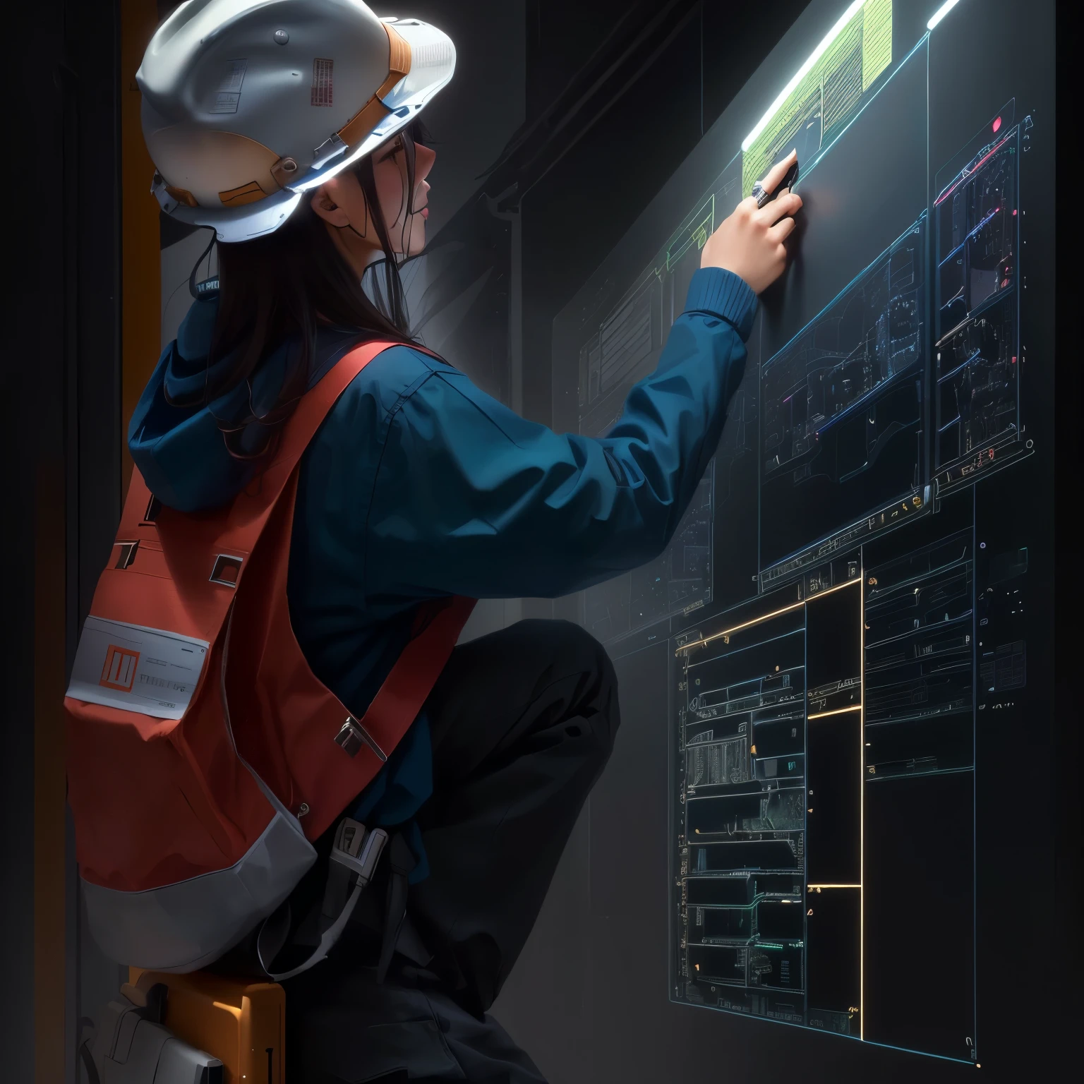 Wearing a hat、professional, engineer, full pose, put up, professional, work, Hand Painted, maintain, , professional illustration, People at work,一位engineer正在粉刷墙面