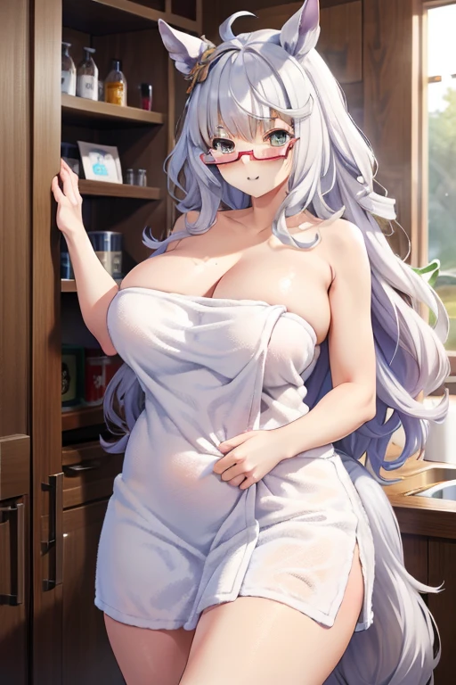 biwa hayahide \(umamusume\), under rim glasses, Sexy body, plump, big tits, sexypose, naked towel, towel