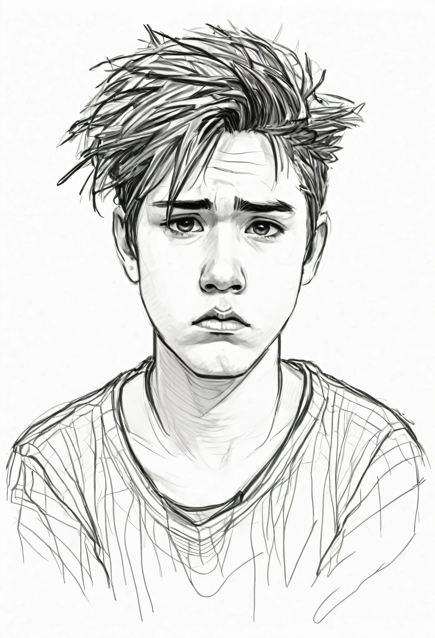 boy, log hair, sad, sketsa