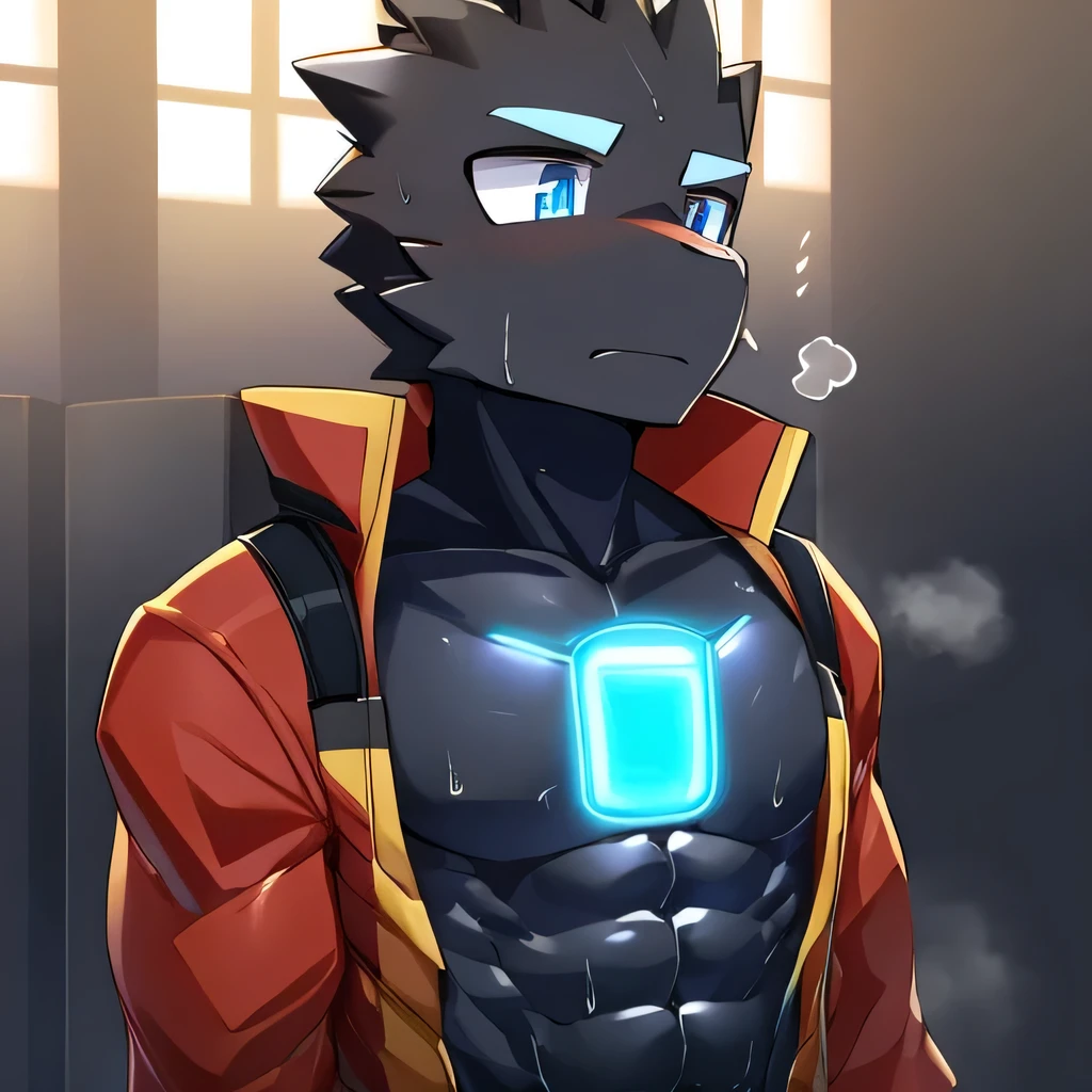 Thin macho western black dragon abs Hollow abs body suit thick arms chest rig 、sweaty skin glow profile Wearily short of breath Chemo shota
have a blue eyes Tired look jacket