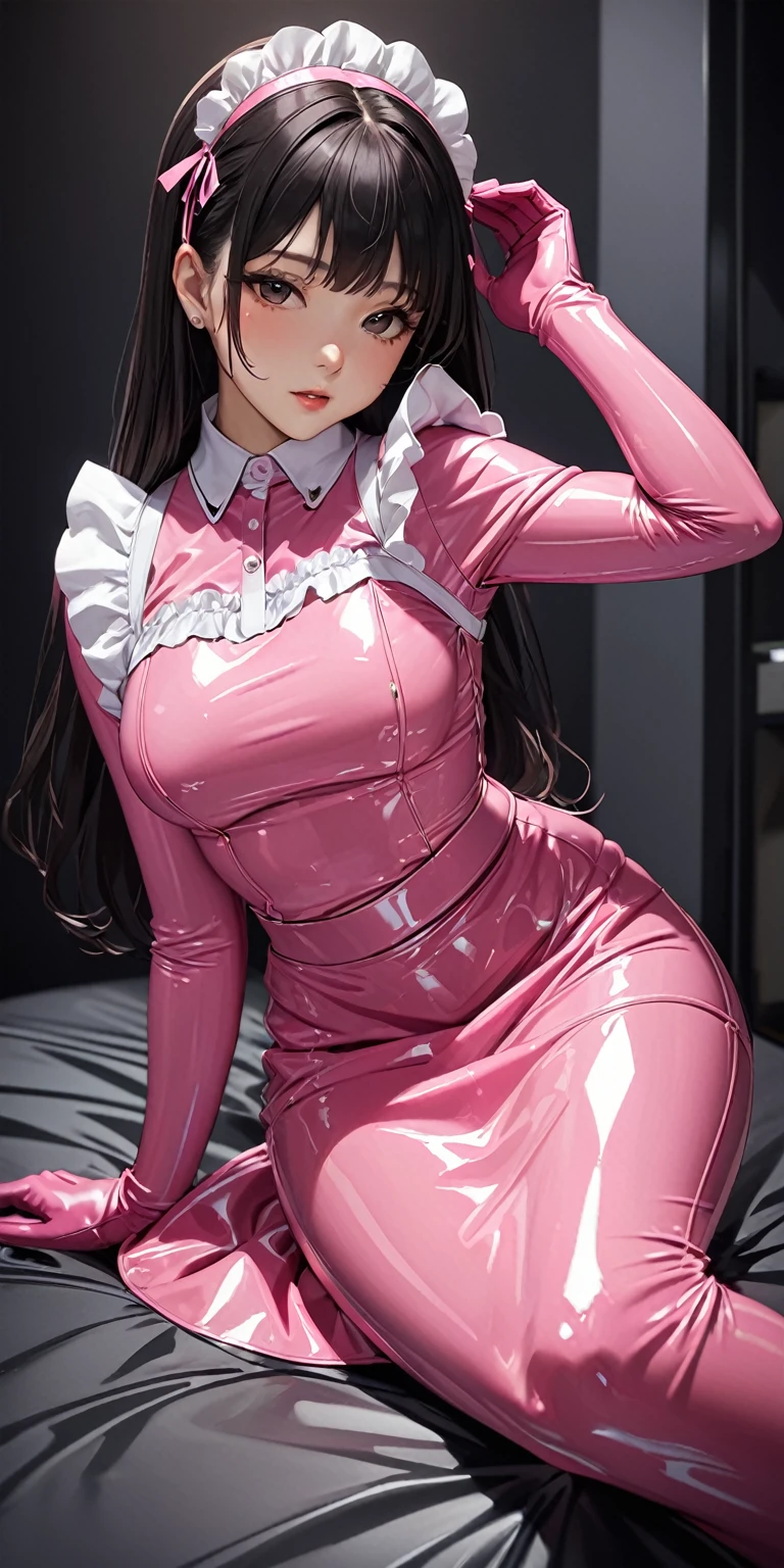 (masterpiece,highest quality,超A high resolution),Japanese women, (((Very beautiful 25 year old girl))),(Pink latex maid outfit)、Pink latex long skirt、Pink latex long sleeve shirt、Pink latex long gloves、The clothes fit snugly to the body、Latex is very shiny.、Dark Room