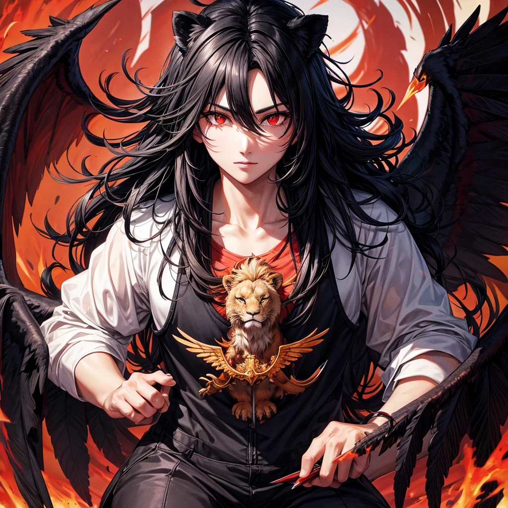 Lion, Black Hair, Red eyes, wing, Very monstrous