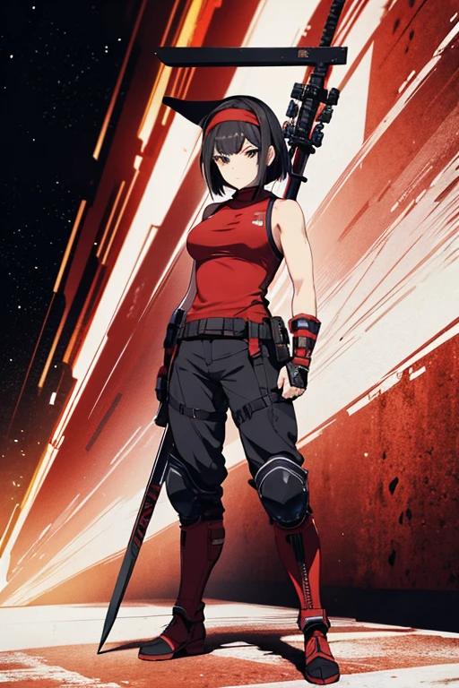 Anime drawings、Full body portrait、Red light warrior of space sci-fi、A female samurai in armor, about 150cm tall, about 16 years old, wearing a red tank top, standing upright with a long spear in her hand、A strong expression with the mouth closed、Very short hairstyle、Black Hair、Dark Eyes、Military boots、Wearing a red bandana on his head