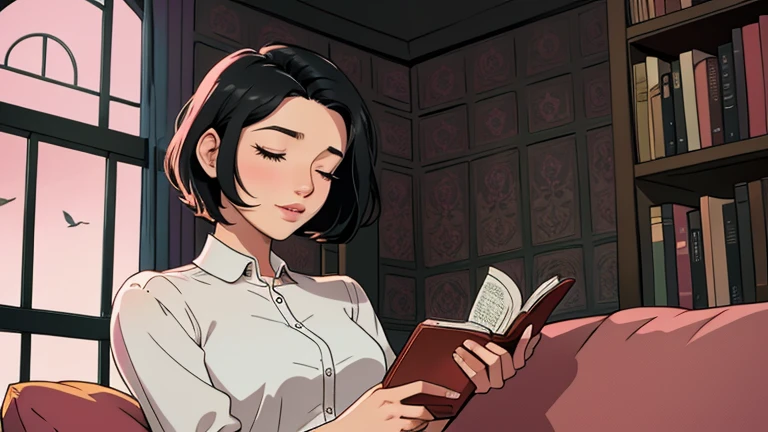 Beautiful woman in her 30s with short black hair is sitting on the sofa. Looking down, eyes closed, LOFI girl, alone in the room, blouse, cozy wallpaper, big cushion, bookshelf, relaxing mood, night core, cozy, wide glass window with skyscrapers, outside view at night, only five fingers, pink wall, Holding a book in hand,