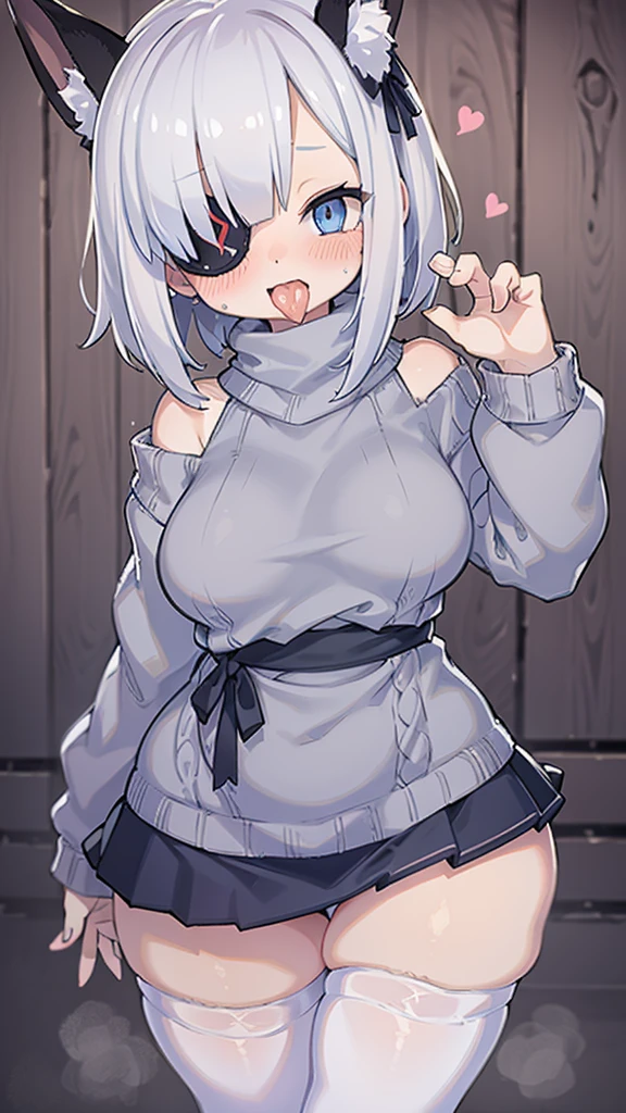 Short white hair, blue eyes, eyepatch, adorable smile, cute smile, skirt, sweater, gray sweater, big butt, big ass, wide hips, thick thighs, thigh highs, small boobs, very small boobs, looking up at viewer, front view, lusty smile, shy, blush, blushing, fellatio, fellatio gesture, open mouth, tongue, sticking out tongue,