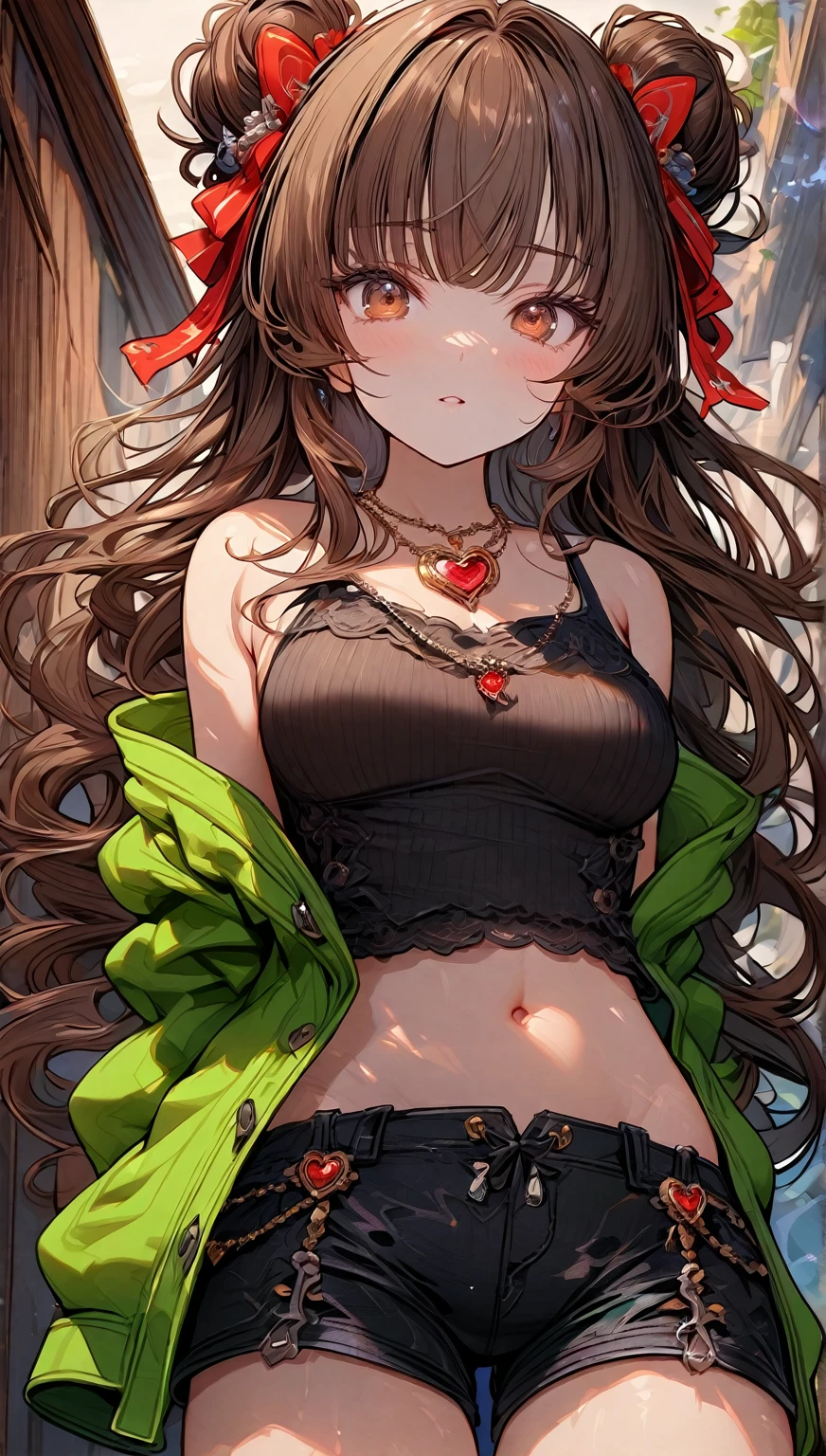 1girl, (best quality, top details, high quality, detailed, highest quality, greater quality, highres, ultra fine painting, absurdres, (masterpiece:1.2)), digital art, 4k, 8k resolution, 8K CG wallpaper, detailed background, high resolution, epic lighting, RAW photo, POV, sharp focus, professional photography, good lighting, soft light, soft colors, looking at viewer, detailed lights and shadows, stylish, ultra, ultra-detailed, trending art, niji style, modern-days, master crafted, pose, (top quality, (details:1.37)), solo, a nervous girl, (medium breasts:1.2), tight bust, big thighs, flushtered, casual, innocent face, nervous face, (cute, slim, nice hips, nice body), brown hair, long flowing hair, twin buns hairstyle, hair ribbons, long bangs, long hair, middle hair bangs, brown eyes, ((tight black string tanktop:1.2), tummy skin, off shoulder open green hoodie, shorts, one big red gem heart necklace)