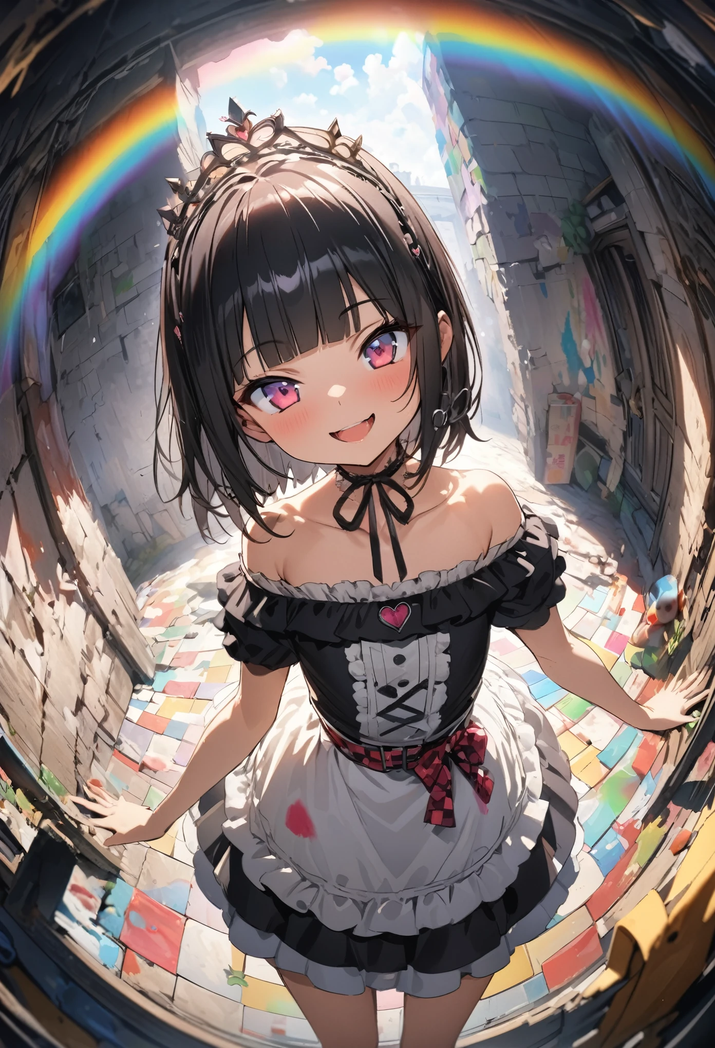 ((Masterpiece)), (Anime:1.3), ((best quality)), (super detail:1.2), (High Definition:1.3), (Professional Photography:1.2), (sharp focus), (perfect light), (fisheye), wide shot, ((in the rainbow painted basement)), ((12 years old)), cute , Plaid dress, (Off-Shoulder dress), hoop dress, wearing toy tiara, lolita fashion, (loose blunt bangs), (:3), ((Vibrant Pose)), exposed bare shoulder and arms, lolita style, cute smile, (naughty smile), open mouth, pretty, (Healthy slim body), emo style, red checker, ribbon belt, white lilies, (Melted walls),