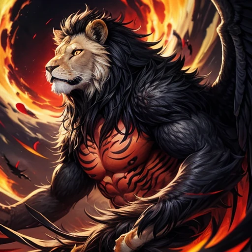 Lion, Black Hair, Red eyes, wing, Very monstrous