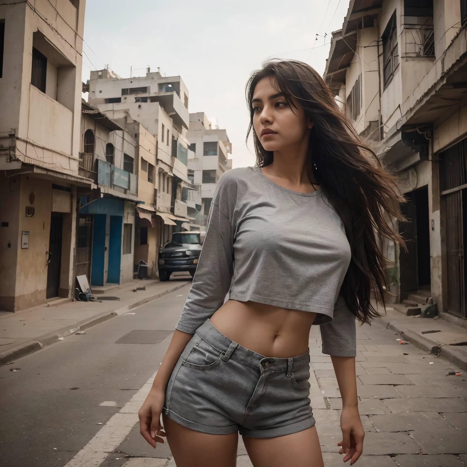 (girl:1.1)One Pakistani college girl 26 years old, beautiful girl on top of a towering building in mumbai, (best quality,4k,8k,highres, masterpiece:1.2)gazing down at the bustling city below. Dressed a basic small size Teeshirt, medium size bouncy breasts, tined figure, wearing grey shorts, she stands strong against the (wind), her gaze steady and determined. Round neck baggy half sleeve Teeshirt.
The (architecture) of the surrounding buildings is a mix of modern and traditional, creating a unique backdrop. The cityscape stretches out in all directions, with dusty streets and winding alleys, (photorealistic:1.37)capturing the essence of Baghdad's rich history.
The assassin's (sharp focus) eyes provide a glimpse into her mysterious and dangerous world. Her (long, flowing hair) dances in the wind, creating a sense of (movement) and adding an element of drama to the scene.