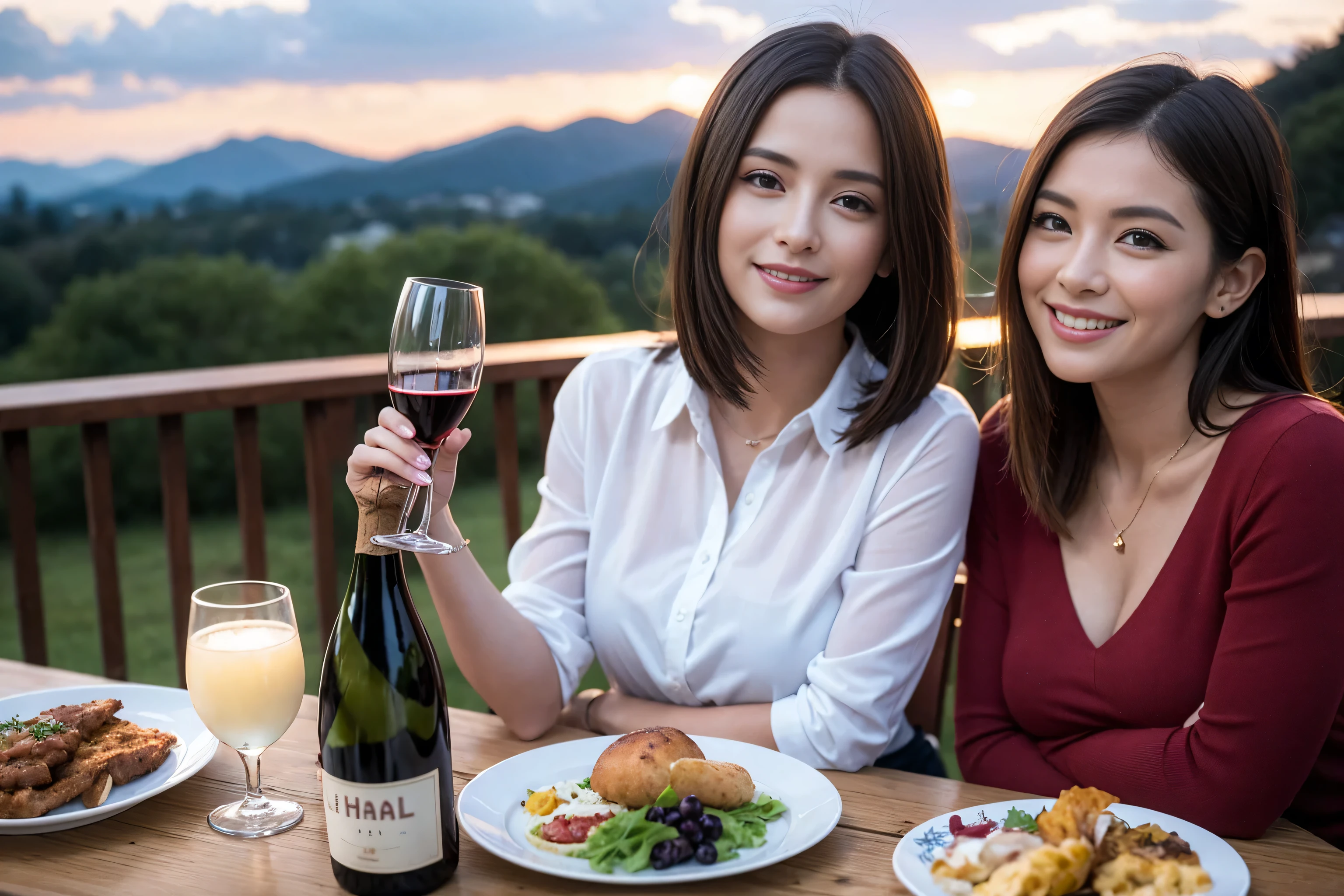 ((highest quality、8k、masterpiece:1.3))、1 male 1 female、spouse、Beautiful couple、smile、 (Slim face), (the body is スリム), (Brown Hair), (Shortcuts), ((Bob Hale、Straight hair:1.2)), Wine glass on the table、Please shine a light on my face、 Amazing view of the sunset sky and clouds、Amazing mountain views、The beauty of a smile、Bright image、Blushing, Shortcuts,Bright Face、 (42 years old), 39 years old, red wine 、Appetizers、Italian food、Wine bottle、Champagne、sparkling wine、Long sleeve shirt、dress、Attractive beauty、restaurant, Nova Frog Style, actress, model, Upper Body, White wine, red wine, wine glass, 