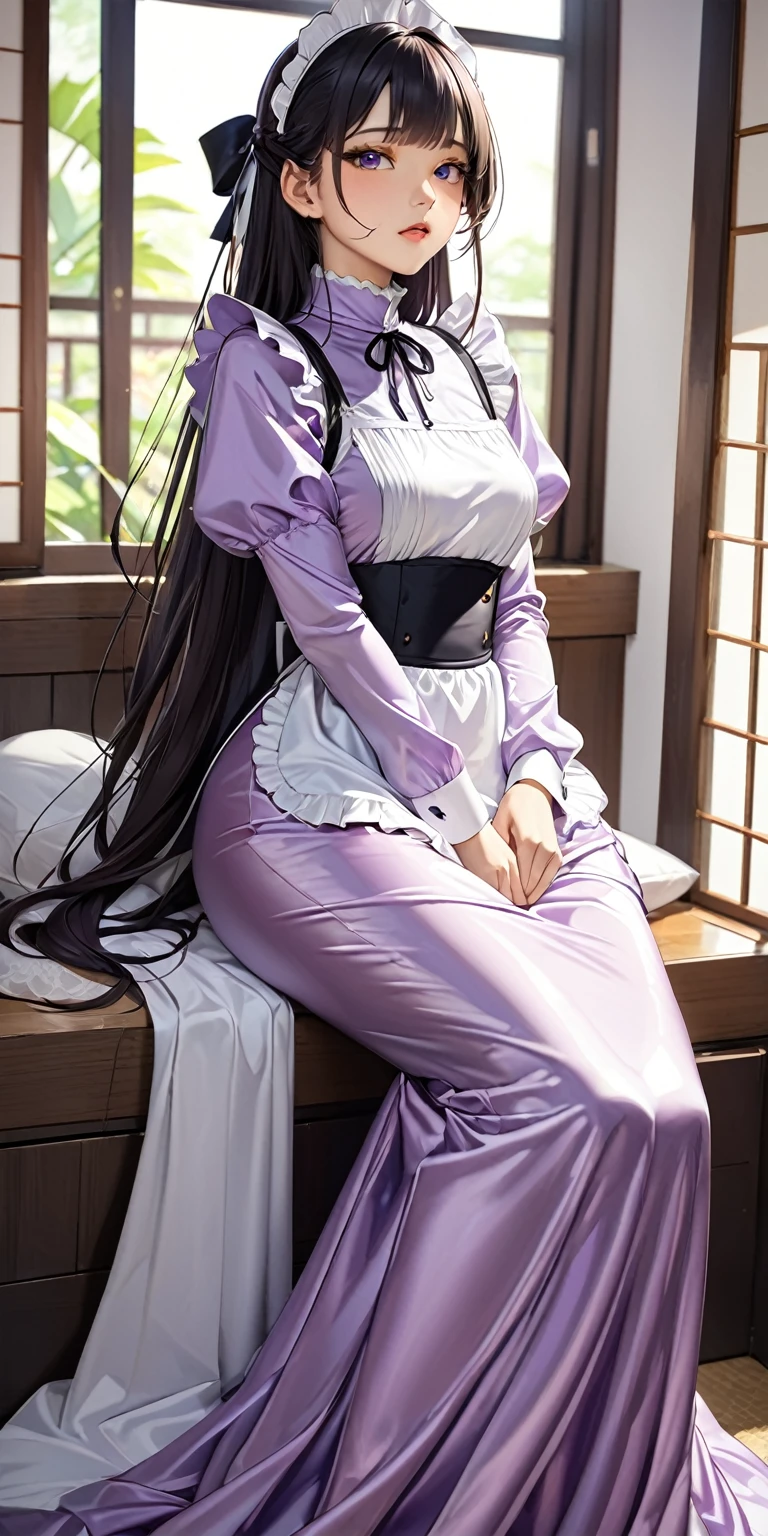 (masterpiece,highest quality,超A high resolution),Japanese women, (((Very beautiful 25 year old girl))), pretty girl、The maid uniform completely covers the whole body...、(Shiny light purple long sleeve maid dress)、High neck maid shirt、Mermaid-style long skirt、Super glossy satin