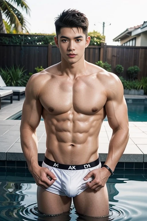 arafed two boys in a wet and transparent micro white hip boxer micro brief, Full Body Shoot, Quiff haircut, look at camera, detailed facial parts, Manly, Bad Boy, Pool background, Sexy Pose, manaice, perfect anatomy, symmetric body, two asian boys 19 years old, shirtless :: high detail, asian, sexual, a little six packs attractive body, realistic, Short Hairstyle, handsome chad chin, shirtless, handsome, attractive, sexy boys, Pubic hair, masculine, sexually attractive (eyes contact), Gay, Handsome, Attractive, big bulge in hip brief