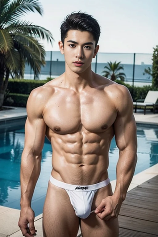 arafed two boys in a wet and transparent micro white hip boxer micro brief, Full Body Shoot, Quiff haircut, look at camera, detailed facial parts, Manly, Bad Boy, Pool background, Sexy Pose, manaice, perfect anatomy, symmetric body, two asian boys 19 years old, shirtless :: high detail, asian, sexual, a little six packs attractive body, realistic, Short Hairstyle, handsome chad chin, shirtless, handsome, attractive, sexy boys, Pubic hair, masculine, sexually attractive (eyes contact), Gay, Handsome, Attractive, big bulge in hip brief