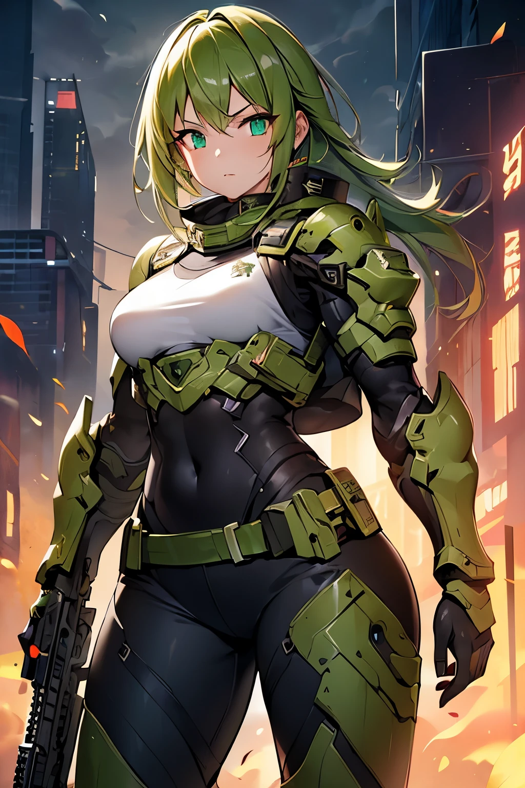 1girl, female warrior holding gun standing in ruins, wearing dark green cyberpunk armor, UHD, anatomically correct, best quality, masterpiece, award winning