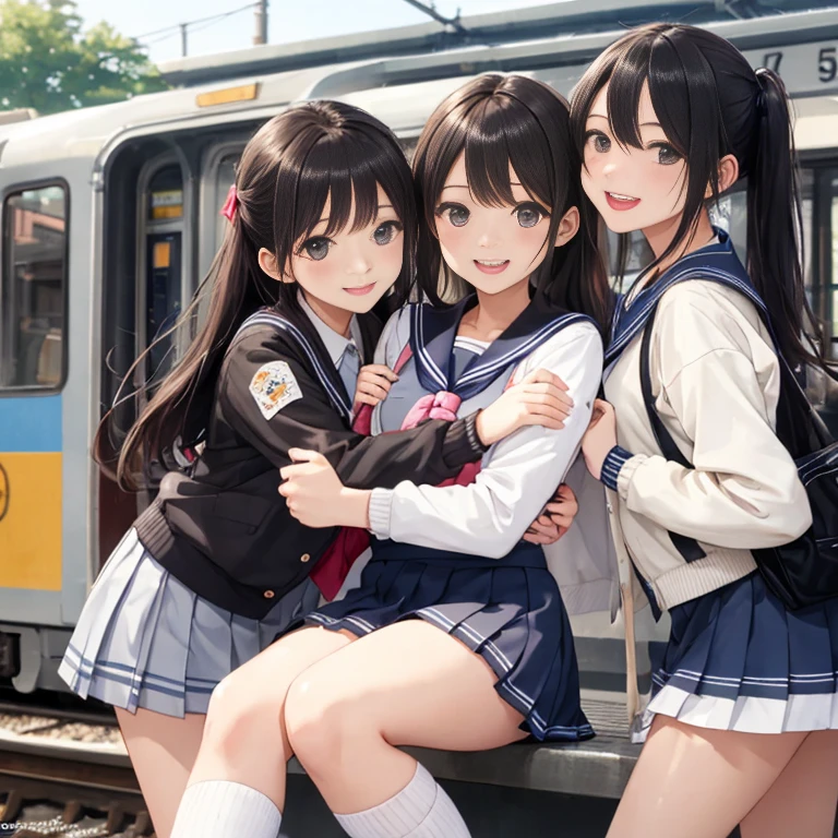 highest quality、High resolution、Detailed Background、Beautiful and elaborate face、Beautiful, smooth skin、Skin Texture、Professional Lighting、Beautiful teenage girl、(Three Women),Cute hairstyles such as ponytails、Cute colored sailor uniform、Cute school cardigan in pastel colors、Checkered pleated mini skirt、Knee-high socks、On the way to school、Wait for the train at the station platform、Laughter、smile、sexual expression、Show your whole body、Playfully hugging、Laughter