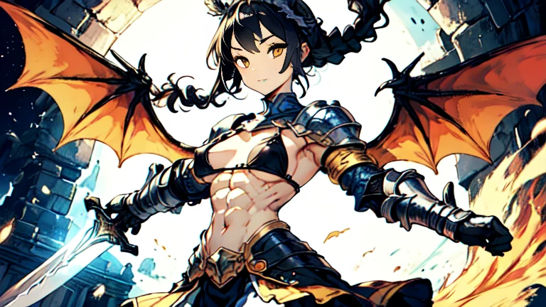 1females\(cute,kawaii,small kid,breast,hair color cosmic,braid hair,messy hair,eye color cosmic,big eyes,magical girl costume,smirk,colorful,dynamic pose,wings on back,breast,kawaii dragon knight,2dragon wings from waist,dynamic pose,(fighting stance),(holding large sword:1.3),(muscular:1.2),mad face/),background/(in the sky,shiny,palace,war fire\), BREAK ,quality\(8k,wallpaper of extremely detailed CG unit, ​masterpiece,hight resolution,top-quality,top-quality real texture skin,hyper realisitic,increase the resolution,RAW photos,best qualtiy,highly detailed,the wallpaper,cinematic lighting,ray trace,golden ratio\),(dynamic angle:1.4),[nsfw:2.0],(long shot:1.5),(wide shot),(landscape:0.5),dynamic angle,close up sword