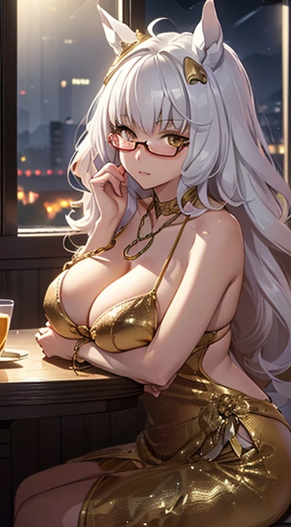 top-quality、Top image quality、biwa hayahide \(umamusume\)、under rim glasses、 masterpiece、girl with((20yr old、Best Bust、big bast、Bust 85、Breasts wide open、A slender、Large valleys、Gold Bikini、Gold Dress,Leaning forward、Reflecting the whole body))hiquality、Beautiful Art、Background with((Luxury Hotels、Golden Chain、Window with night view)))masutepiece、visualart、depth of fields、