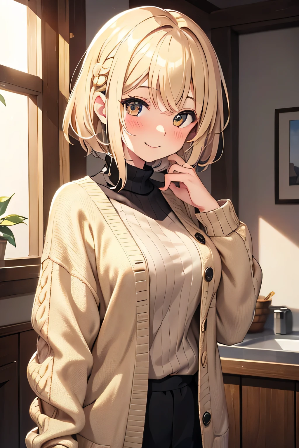 beige hair, golden eyes, short hair, braided hair on the right side, messy hair, blushing, smile, only wearing black sweater
