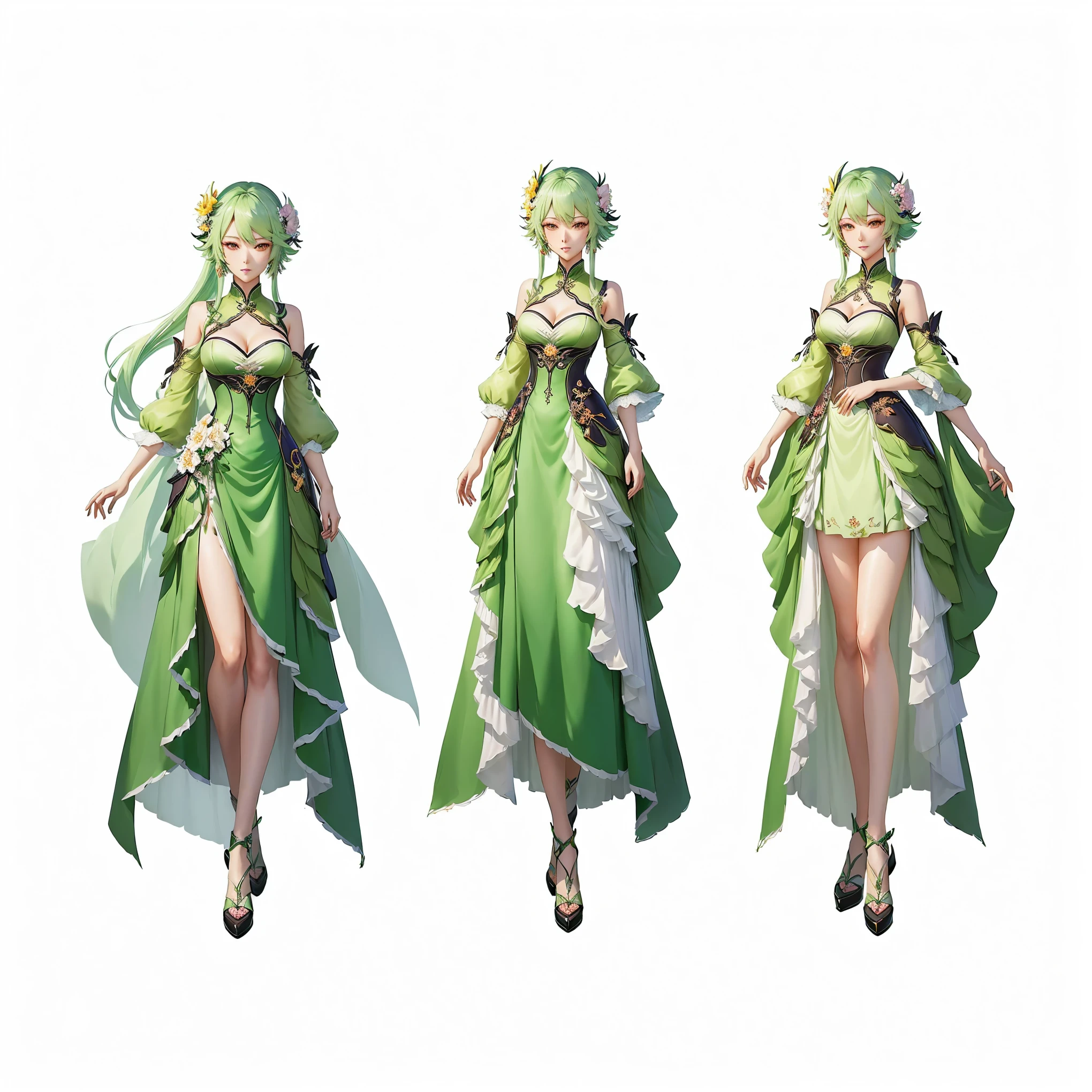 Anime character design of a woman in a green dress with flowers, ( ( Character Concept Art ) ), pretty Anime character design, Genshin Impact Characters, full body xianxia, Official concept art, Beautiful full body concept art, Official character illustrations, Keqing from genshin impact, Anime character design, High-quality character design