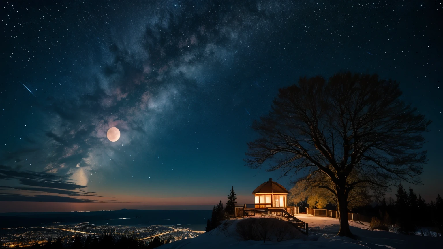 anime、Heights、Starry sky full of stars、Big old tree、Large Observatory、Big Moon、Nordic cityscape