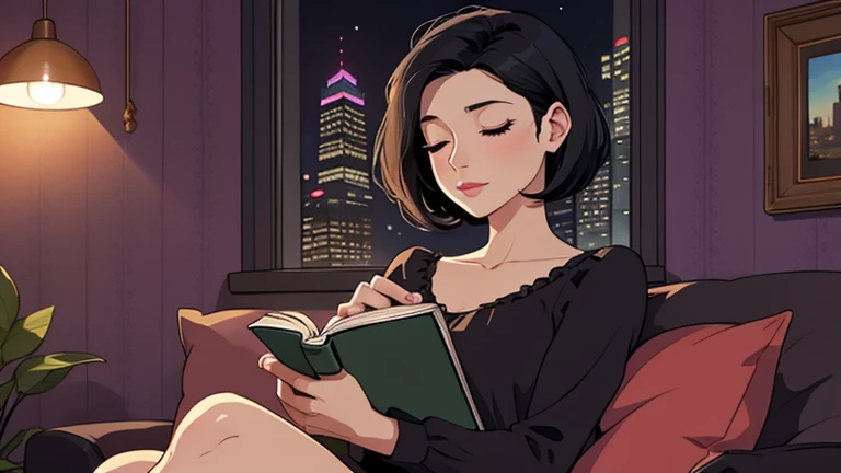 Beautiful woman in her 30s with short black hair is sitting on the sofa. Looking down, eyes closed, LOFI girl, alone in the room, blouse, cozy wallpaper, big cushion, bookshelf, relaxing mood, night core, cozy, wide glass window with skyscrapers, outside view at night, only five fingers, purple wall, Holding a book in hand,