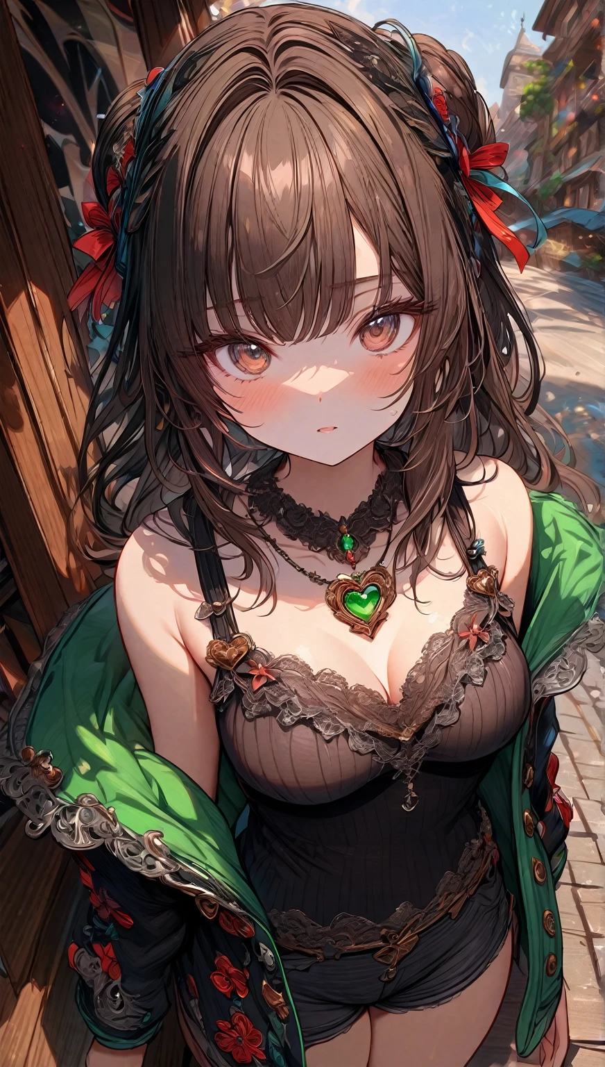 1girl, (best quality, top details, high quality, detailed, highest quality, recent, greater quality, highres, ultra fine painting, absurdres, (masterpiece:1.2)), digital art, 4k, 8k resolution, 8K CG wallpaper, CG, detailed background, high resolution, epic lighting, RAW photo, POV, sharp focus, professional photography, good lighting, soft light, soft colors, looking at viewer, detailed lights and shadows, stylish, ultra, ultra-detailed, trending art, niji style, modern-days, master crafted, pose, (top quality, (details:1.37)), solo, a nervous girl, (medium breasts:1.2), tight bust, big thighs, flushtered, casual, innocent face, nervous face, (cute, slim, nice hips, nice body), brown hair, long flowing hair, twin buns hairstyle, hair ribbons, long bangs, long hair, middle hair bangs, brown eyes, ((tight black string tanktop:1.2), tummy skin, off shoulder open green hoodie, shorts, one big red gem heart necklace)