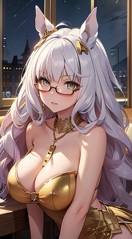 top-quality、Top image quality、biwa hayahide \(umamusume\)、under rim glasses、 ​masterpiece、girl with((20yr old、Best Bust、big bast、Bust 85、Breasts wide open、A slender、Large valleys、Gold Bikini、Gold Dress,Leaning forward、Reflecting the whole body)）hiquality、Beautiful Art、Background with((Luxury Hotels、Golden Chain、Window with night view)))masutepiece、visualart、depth of fields、