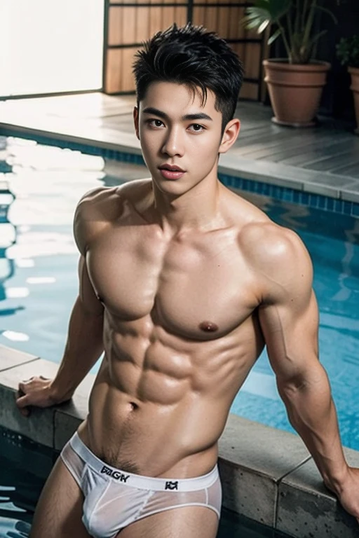 arafed two boys in a wet and transparent micro white hip boxer micro brief, Full Body Shoot, Quiff haircut, look at camera, detailed facial parts, Manly, Bad Boy, Pool background, Sexy Pose, manaice, perfect anatomy, symmetric body, two asian boys 19 years old, shirtless :: high detail, asian, sexual, a little six packs attractive body, realistic, Short Hairstyle, handsome chad chin, shirtless, handsome, attractive, sexy boys, Pubic hair, masculine, sexually attractive (eyes contact), Gay, Handsome, Attractive, big bulge in hip brief
