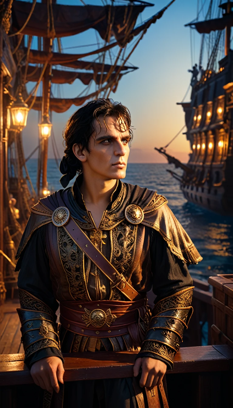 As the sun began to set, The warm golden hues of the sun illuminated his ornate attire, casting a warm glow across the area, Julius Caesar writing poetry on a pirate ship, background dark, hyper realistic, ultra detailed hyper realistic, photorealistic, Studio Lighting, reflections, dynamic pose, Cinematic, Color Grading, Photography, Shot on 50mm lens, Ultra-Wide Angle, Depth of Field, hyper-detailed, beautifully color, 8k,