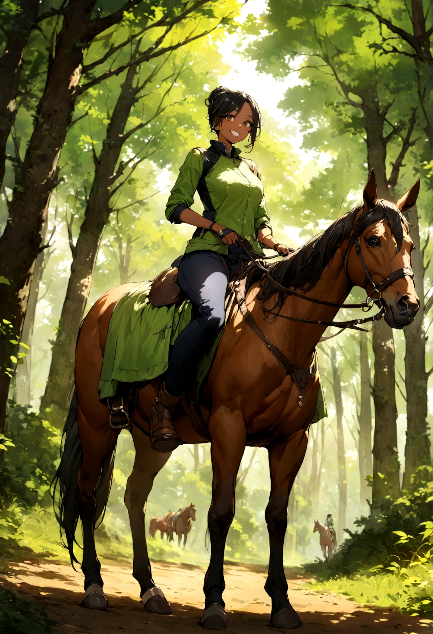 highly detailed, high quality, masterpiece, light skin black woman, in forrest, full body, standing next to horse, smiling, sunny day, riding cloths,