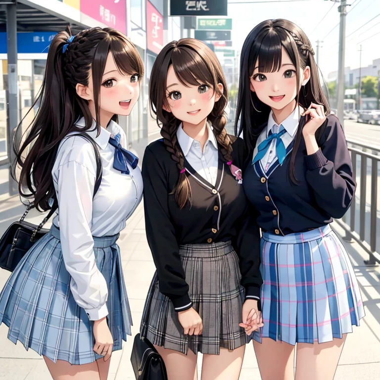 (highest quality:1.4)、Ultra-high resolution、Detailed Background、masterpiece、Photorealistic、Anatomically correct、Detailed face、(Beautiful face in every detail:1.3)、cute10代の美少女、brown hair or cute hair color、Braided Bob、Braided Ponytail、Braided Hairstyles、(Huge breasts:1.3)、Realistic、Perfect body line、charm、
cute色のセーラー服、School cardigan with cute pastel colors、Checkered pleated mini skirt、White knee-high socks、Absolute area、Accentuate your breasts、Accentuate your cleavage、Cowboy Shot、
(Three female friends looking at each other with happy expressions:1.5)、
On the way to school、Wait for the train at the station platform、Big smile、sexual expression、A playful atmosphere、It&#39;s a very fun atmosphere.、cute仕草、cute色のヘアアクセサリー、cute