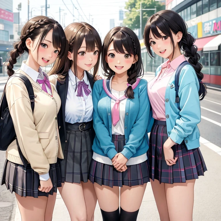 (highest quality:1.4)、Ultra-high resolution、Detailed Background、masterpiece、Photorealistic、Anatomically correct、Detailed face、(Beautiful face in every detail:1.3)、cute10代の美少女、brown hair or cute hair color、Braided Bob、Braided Ponytail、Braided Hairstyles、(Huge breasts:1.3)、Realistic、Perfect body line、charm、
cute色のセーラー服、School cardigan with cute pastel colors、Checkered pleated mini skirt、White knee-high socks、Absolute area、Accentuate your breasts、Accentuate your cleavage、Cowboy Shot、
(Three female friends looking at each other with happy expressions:1.5)、
On the way to school、Wait for the train at the station platform、Big smile、sexual expression、A playful atmosphere、It&#39;s a very fun atmosphere.、cute仕草、cute色のヘアアクセサリー、cute