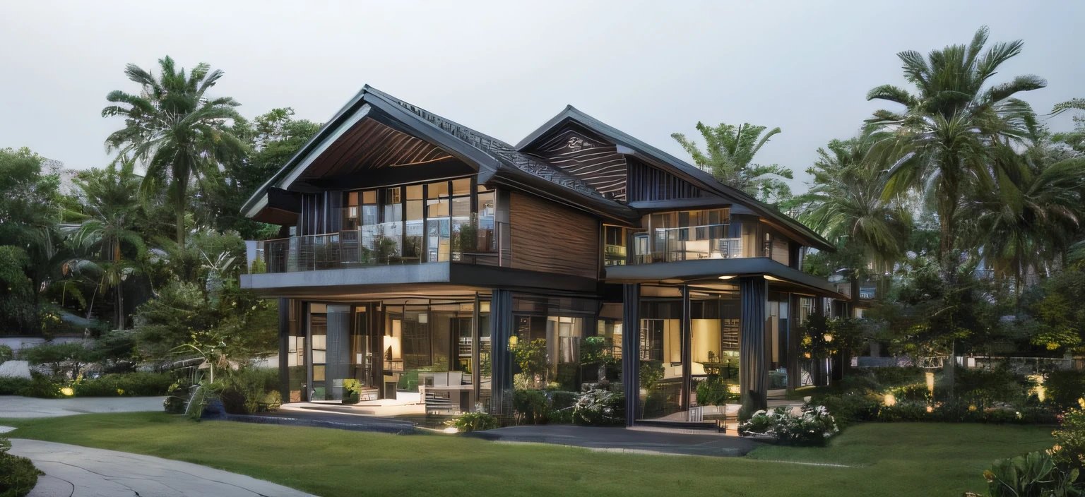 RAW photo, Exterior of modern villa, garden, zutuan,yuanlin,flower,Early morning,fog,nohumans,scenery,tree,field,plant,bushhydrangea,scenery,flower field,naturepath,daisy,day,road,purple flower,highcontrast, (road:1.3), (sidewalk:1.3), (sidewalk trees:1.3), (residences area:1.4), dawn time, overcast, fog, tropical trees and plants, (high detailed:1.2), 8k uhd, dslr, soft lighting, high quality, film grain, Fujifilm XT3, (sharpen:1.5)