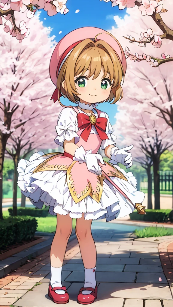 kawaii, anime, Cute,A park with cherry blossoms in full bloom,Cherry blossom petals are scattered,A boy cosplaying as a magical girl,9 year old boy,Short bob hair,Brown Hair,A white dress with lots of frills,Pink petticoat,Pink choker,Full body portrait,A dynamic pose,Sparkling,Beautiful background,High-definition background,A happy smile