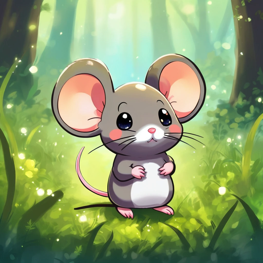 A little mouse standing in the grass, , Cute digital art, , MapleStory Mouse, Cute mouse Pokémon, Cute forest creatures, Fantasy painting，Lovely, Magic concept art, Epic Concept Art. Bokeh, Anthropomorphic mouse