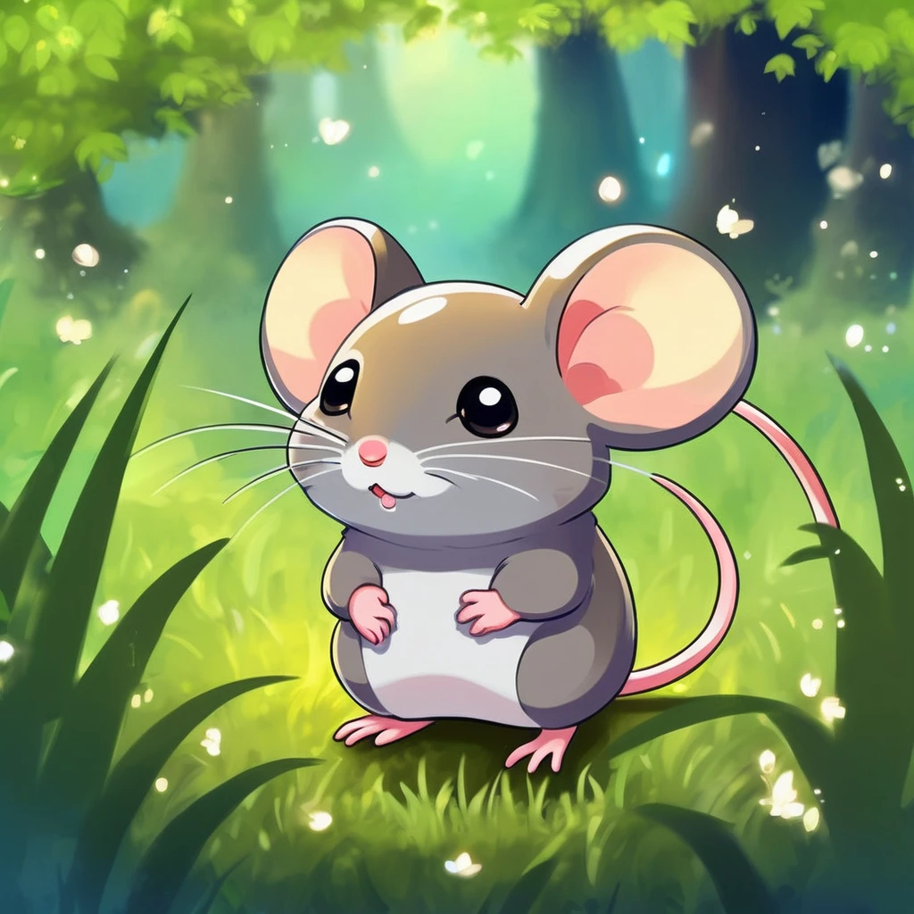 A little mouse standing in the grass, , Cute digital art, , MapleStory Mouse, Cute mouse Pokémon, Cute forest creatures, Fantasy painting，Lovely, Magic concept art, Epic Concept Art. Bokeh, Anthropomorphic mouse