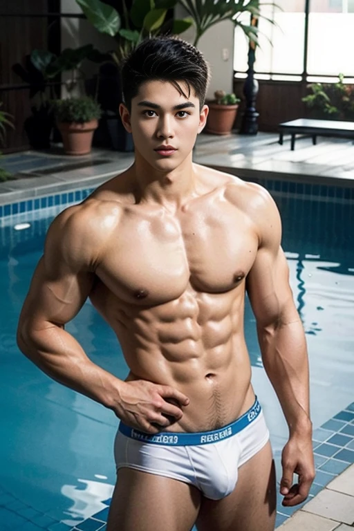 arafed two boys in a wet and transparent micro white hip boxer micro brief, Full Body Shoot, Quiff haircut, look at camera, detailed facial parts, Manly, Bad Boy, Pool background, Sexy Pose, manaice, perfect anatomy, symmetric body, two asian boys 19 years old, shirtless :: high detail, asian, sexual, a little six packs attractive body, realistic, Short Hairstyle, handsome chad chin, shirtless, handsome, attractive, sexy boys, Pubic hair, masculine, sexually attractive (eyes contact), Gay, Handsome, Attractive, big bulge in hip brief