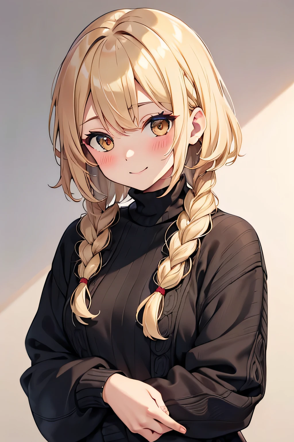 beige hair, golden eyes, short hair, braided hair on the right side, messy hair, blushing, smile, only wearing black sweater