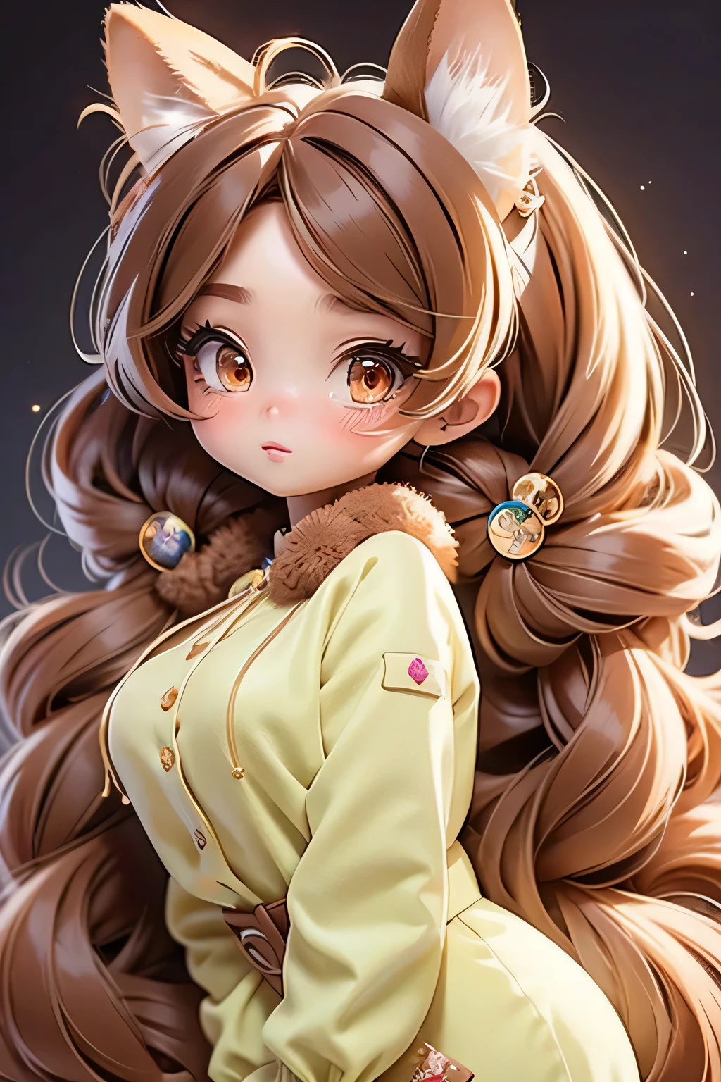 Create an anime-style character of a young girl. She has long, silky chestnut brown hair tied in twin tails with colorful ribbons. She has large, warm brown eyes and wears glittery, elegant makeup, featuring a soft shimmer and glossy lips. Her style is classic with a twist, wearing a traditional with personalized touches like badges, pins, and a stylish watch. She is beautiful, friendly, and approachable.