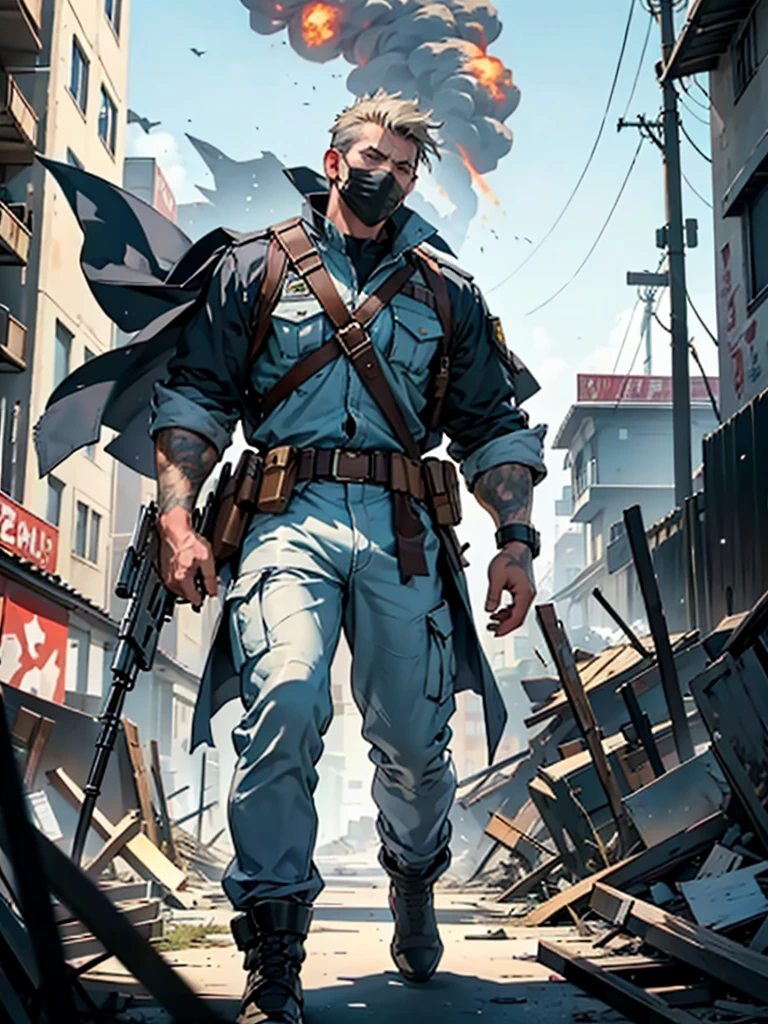 A middle-aged male hired gun, stands tall against the backdrop of a chaotic battlefield.His eyes, ultra-detailed and hyperrealistic, convey a fierce intensity and focus. His body, detailed and defined, is outfitted in a military uniform, the fabric worn and weathered from the rigors of combat. He wears a batman mask, In one hand, he clutches a weathered gun, the barrel gleaming in the sunlight. Behind him, the landscape is a blur of explosion and destruction, the ground shaking beneath his feet from the impact of nearby blasts. Despite the chaos around him, his expression remains calm and determined, the lines on his face deepening with each