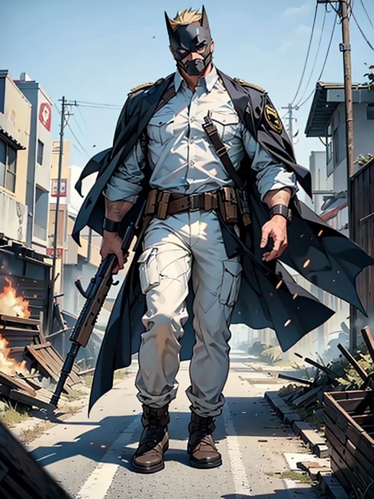 A middle-aged male hired gun, stands tall against the backdrop of a chaotic battlefield.His eyes, ultra-detailed and hyperrealistic, convey a fierce intensity and focus. His body, detailed and defined, is outfitted in a military uniform, the fabric worn and weathered from the rigors of combat. He wears a batman mask, In one hand, he clutches a weathered gun, the barrel gleaming in the sunlight. Behind him, the landscape is a blur of explosion and destruction, the ground shaking beneath his feet from the impact of nearby blasts. Despite the chaos around him, his expression remains calm and determined, the lines on his face deepening with each