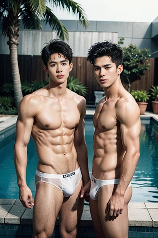 arafed two boys in a wet and transparent micro white hip boxer micro brief, Full Body Shoot, Quiff haircut, look at camera, detailed facial parts, Manly, Bad Boy, Pool background, Sexy Pose,  manaice, perfect anatomy, symmetric body, two asian boys 19 years old, shirtless :: high detail, asian, sexual, a little six packs attractive body, realistic, Short Hairstyle, handsome chad chin, shirtless, handsome, attractive, sexy boys, Pubic hair, masculine, sexually attractive (eyes contact), Gay, Handsome, Attractive, big bulge in hip brief