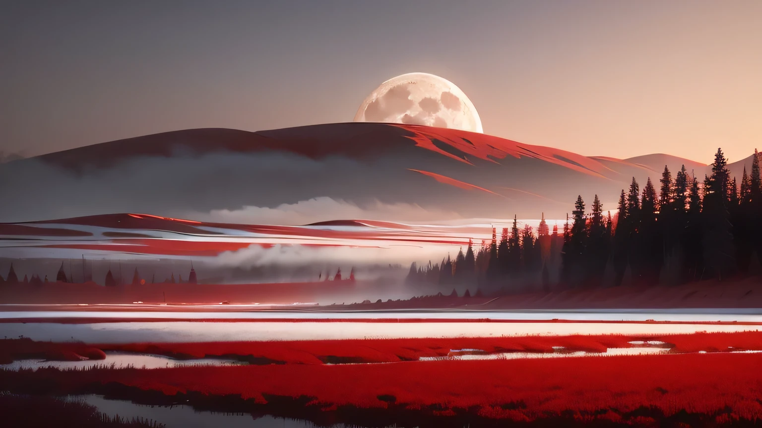 masterpiece, (Perfect quality), (Red & White),In a flat landscape, (1 moon), mist