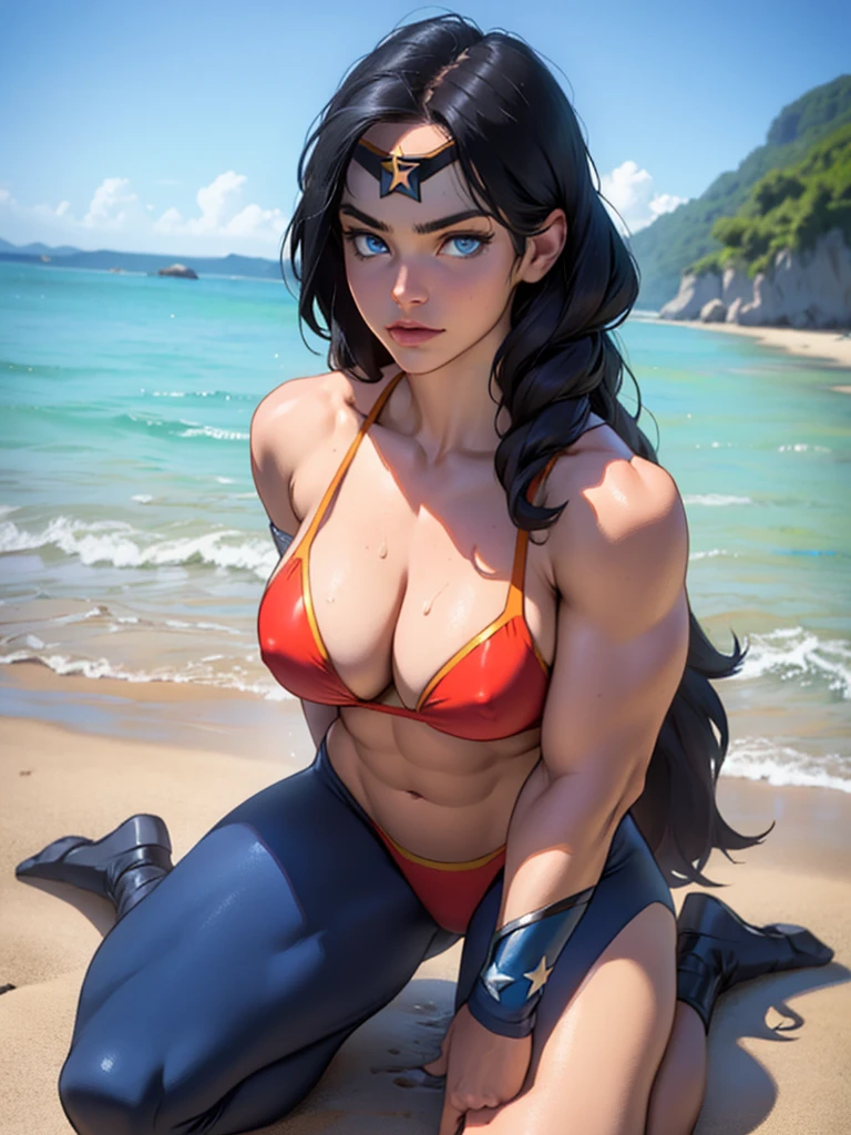 muscular, large breasts, toned body, 1 girl, black hair, pale skin, blue eyes, very long hair kneeling down (at the beach) looking at viewer close up wonderwoman bathing suit