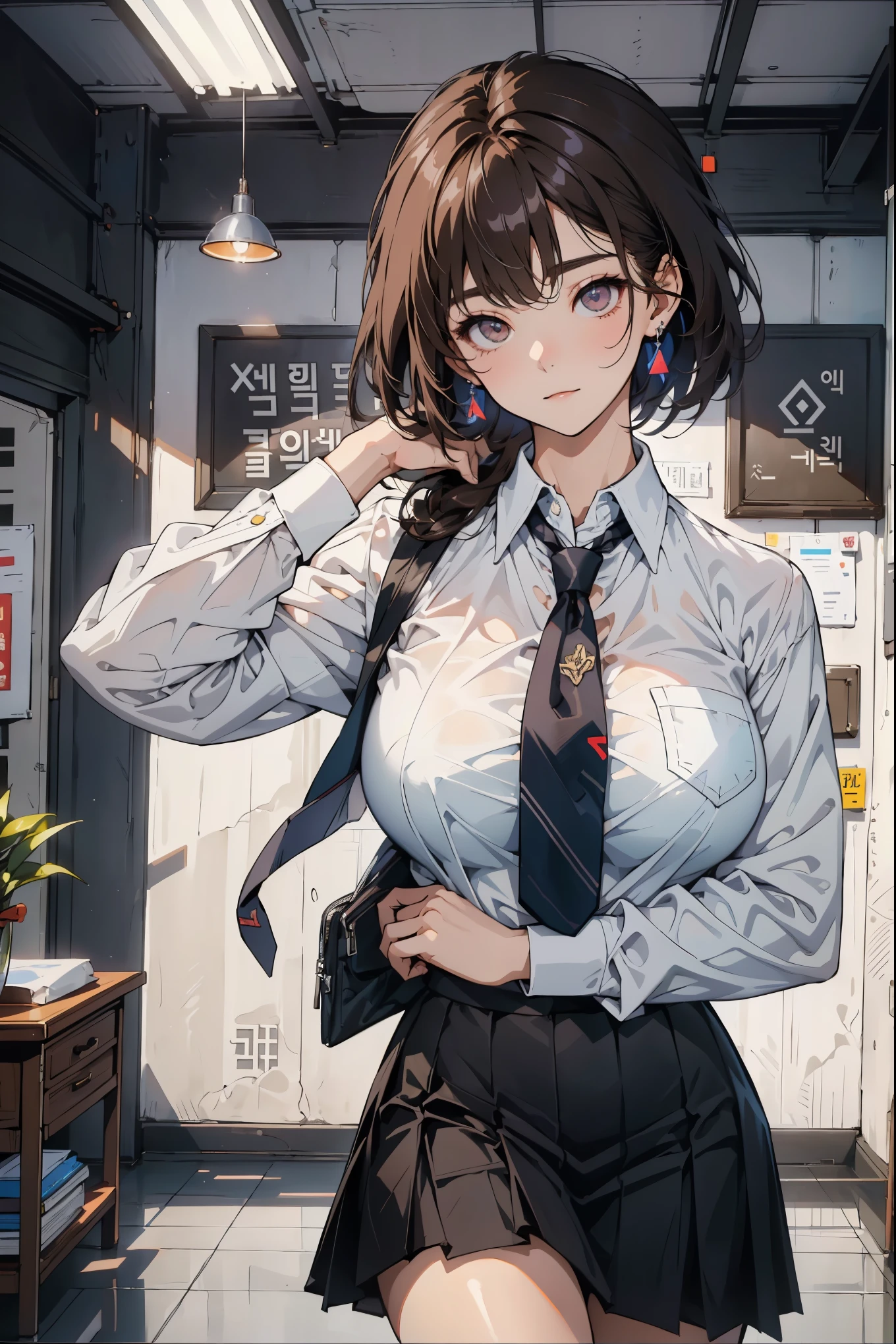 a Korean girl walking in the School, School, White wall, Gray table, Sexy pose,
(((masterpiece))), ((best quality)), ((Intricate details)), ((Surrealism)), H, , Mature woman, view, Very detailed, illustration, 1 girl, ((Large Breasts)), Perfect hands, Detailed fingers, Beautiful and delicate eyes, long hair, Brown eyes, name tag, CEO, (Korea School outfit:1.2), School blazer, School shirt, skirt, long School necktie, earrings, Detailed background, bedroom, Perfect eyes, Seductive eyes, looking at the audience, From the front(（Very large breasts））Moist skin