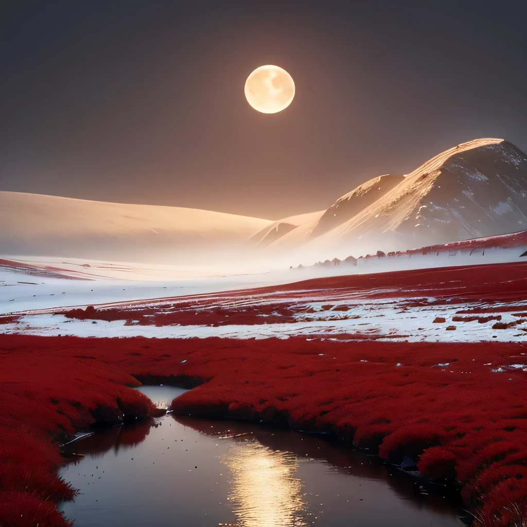 masterpiece, (Perfect quality), (Red & White),In a flat landscape, (1 moon), mist