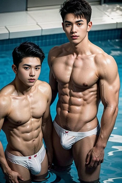 arafed two boys in a wet and transparent micro white hip boxer micro brief, Full Body Shoot, Quiff haircut, look at camera, detailed facial parts, Manly, Bad Boy, Pool background, Sexy Pose, lifted arms, manaice, perfect anatomy, symmetric body, two asian boys 19 years old, shirtless :: high detail, asian, sexual, a little six packs attractive body, realistic, Short Hairstyle, handsome chad chin, shirtless, handsome, attractive, sexy boys, Pubic hair, masculine, sexually attractive (eyes contact), Gay, Handsome, Attractive, big bulge in hip brief