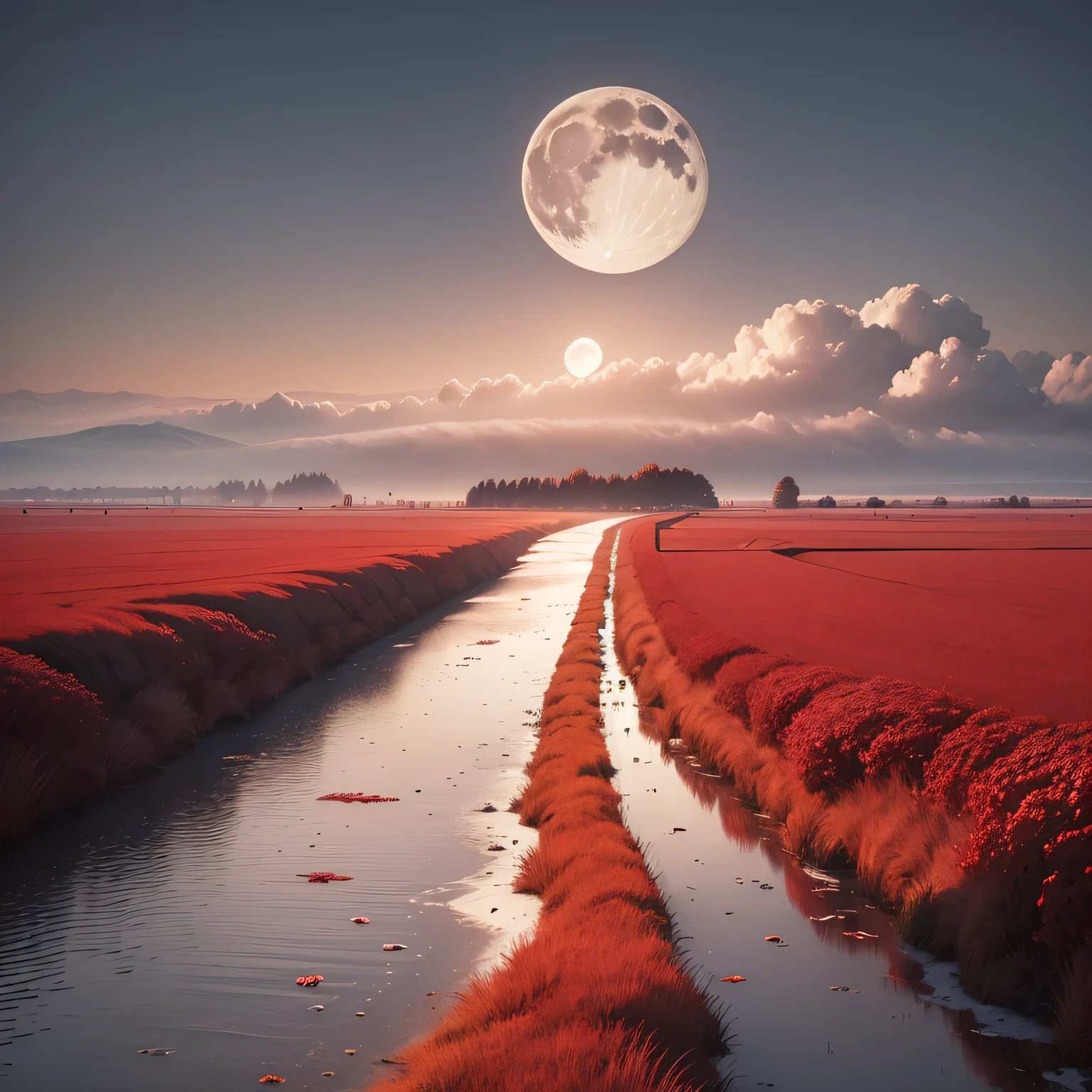 masterpiece, (Perfect quality), (Red & White),In a flat landscape, (1 moon), mist