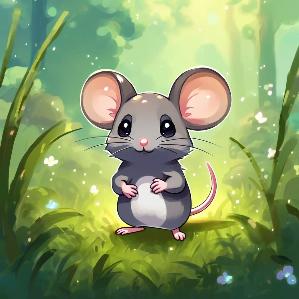 A little mouse standing in the grass, , Cute digital art, , MapleStory Mouse, Cute mouse Pokémon, Cute forest creatures, Fantasy painting，Lovely, Magic concept art, Epic Concept Art. Bokeh, Anthropomorphic mouse